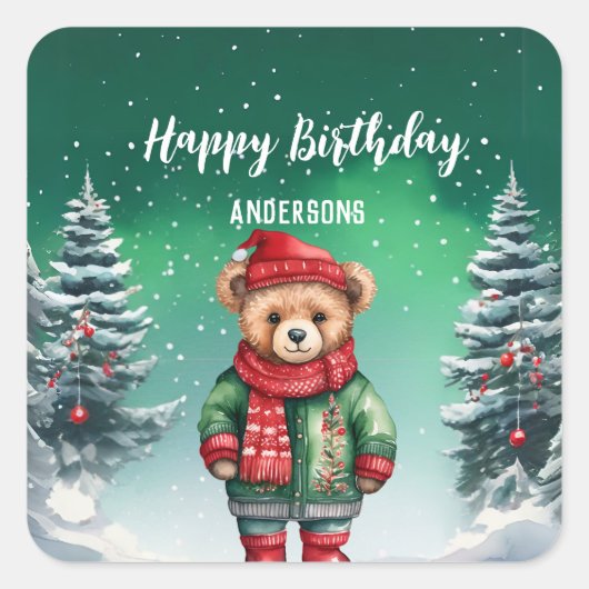 Schattigee teddybeer kerstboom verjaardagsfeestje vierkante sticker (Voorkant)