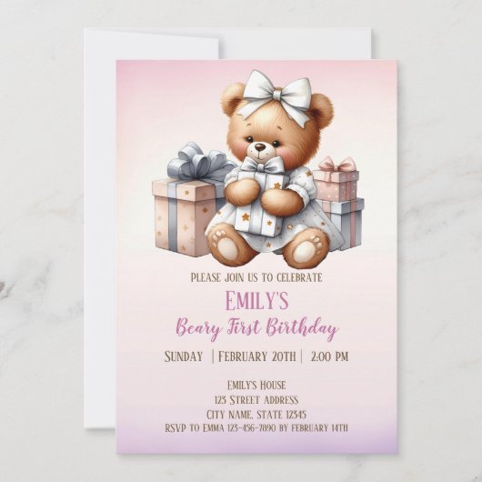 Schattigee teddybeer met ballonnen en geschenken kaart (Voorkant)