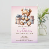 Schattigee teddybeer met ballonnen en geschenken kaart (Staand voorkant)