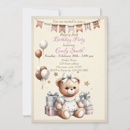 Schattigee teddybeer met ballonnen en geschenken kaart (Voorkant)