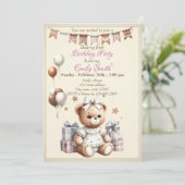 Schattigee teddybeer met ballonnen en geschenken kaart (Staand voorkant)