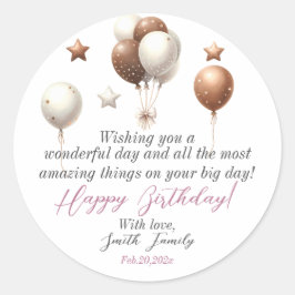 Schattigee teddybeer met ballonnen en geschenken ronde sticker