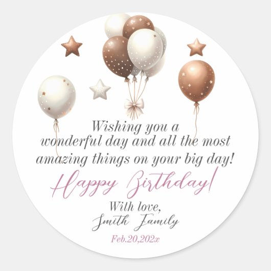 Schattigee teddybeer met ballonnen en geschenken ronde sticker (Voorkant)