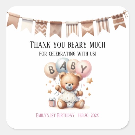 Schattigee teddybeer met ballonnen en geschenken vierkante sticker (Voorkant)