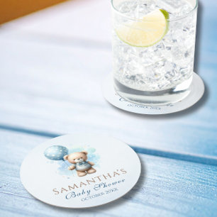 Schattigee teddybeer met Blue Balloon Baby Shower Ronde Kartonnen Onderzetter