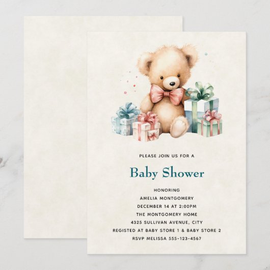 Schattigee teddybeer met Cadeaus Baby shower Kaart (Voorkant / Achterkant)