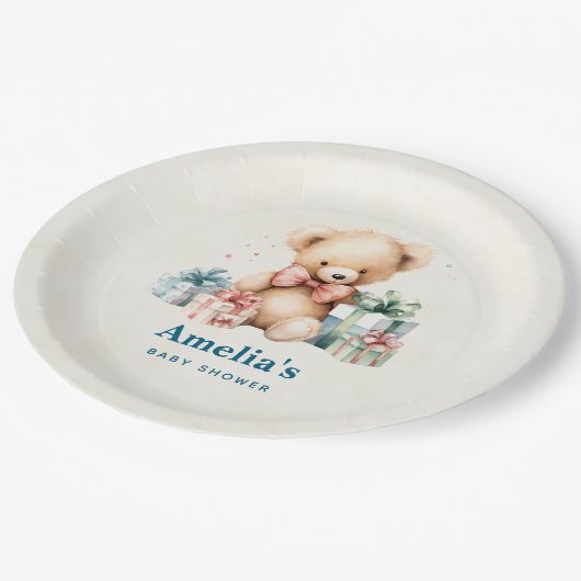 Schattigee teddybeer met Cadeaus Baby shower Papieren Bordje (Gekanteld)