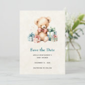 Schattigee teddybeer met Cadeaus Baby shower Save The Date (Staand voorkant)