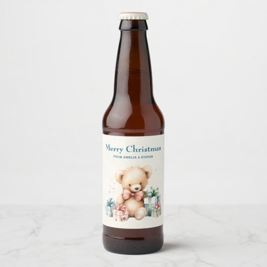 Schattigee teddybeer met cadeaus Vrolijk kerstfees Bier Etiket (Voorkant)