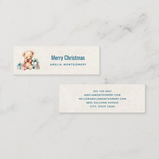 Schattigee teddybeer met cadeaus Vrolijk kerstfees Mini Visitekaartje (Voorkant / Achterkant)