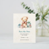 Schattigee teddybeer met geschenken Save the Date Aankondigingskaart (Staand voorkant)