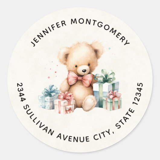 Schattigee teddybeer met kerstcadeaus - Adres Ronde Sticker (Voorkant)