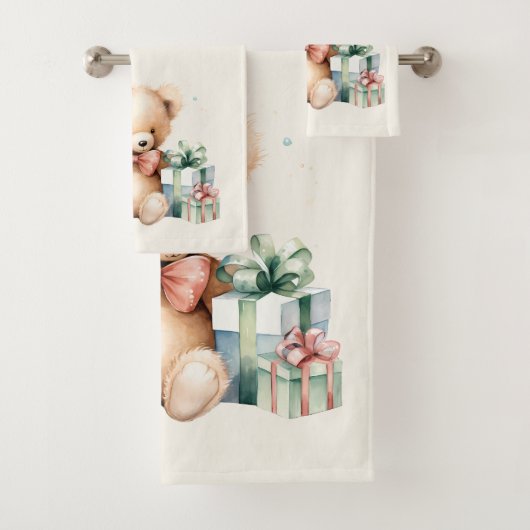 Schattigee teddybeer met kerstcadeaus bad handdoek (Insitu)