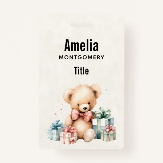 Schattigee teddybeer met kerstcadeaus badge (Voorkant)