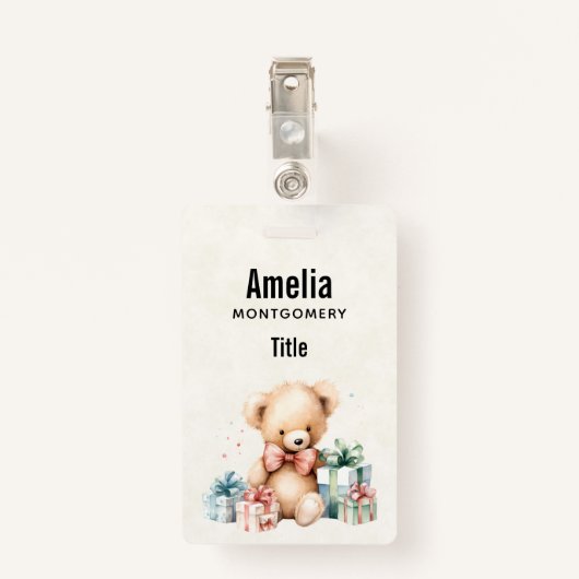 Schattigee teddybeer met kerstcadeaus badge (Achterkant met clip)