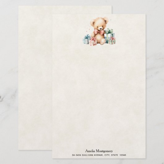 Schattigee teddybeer met kerstcadeaus briefpapier (Voorkant / Achterkant)