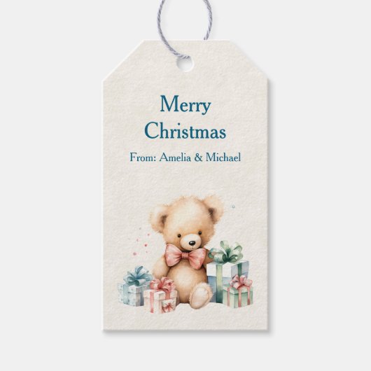 Schattigee teddybeer met kerstcadeaus cadeaulabel (Voorkant)