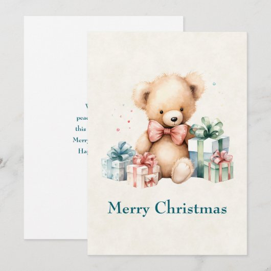 Schattigee teddybeer met kerstcadeaus feestdagenkaart (Voorkant / Achterkant)