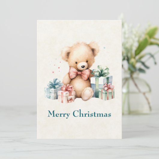 Schattigee teddybeer met kerstcadeaus feestdagenkaart (Staand voorkant)