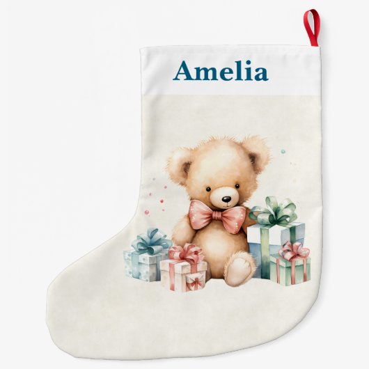 Schattigee teddybeer met kerstcadeaus grote kerstsok (Achterkant)