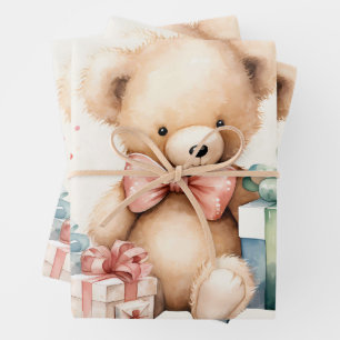 Schattigee teddybeer met kerstcadeaus inpakpapier vel