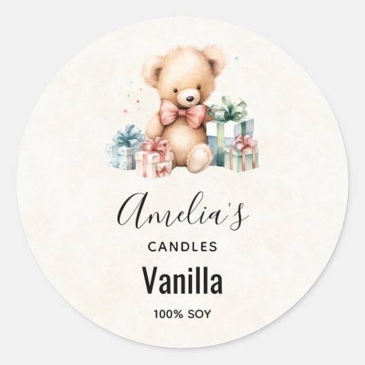 Schattigee teddybeer met kerstcadeaus - Kaars Ronde Sticker (Voorkant)