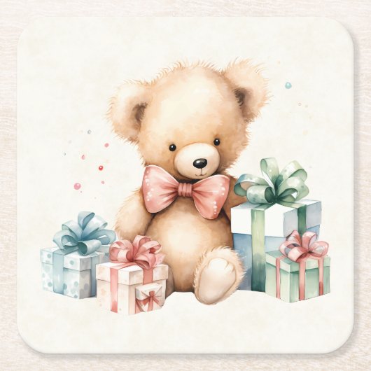 Schattigee teddybeer met kerstcadeaus kartonnen onderzetters (Voorkant)