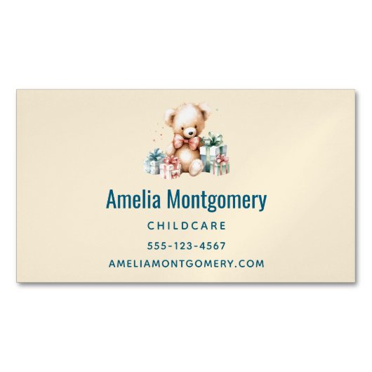 Schattigee teddybeer met kerstcadeaus magnetisch visitekaartje (Voorkant)