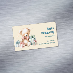Schattigee teddybeer met kerstcadeaus magnetisch visitekaartje