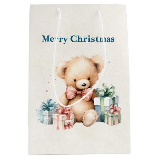 Schattigee teddybeer met kerstcadeaus medium cadeauzakje (Voorkant)