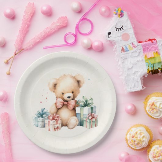 Schattigee teddybeer met kerstcadeaus papieren bordje (Feest)