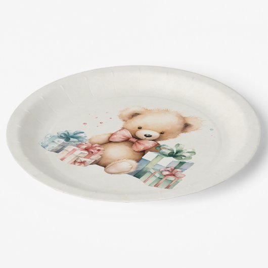 Schattigee teddybeer met kerstcadeaus papieren bordje (Gekanteld)