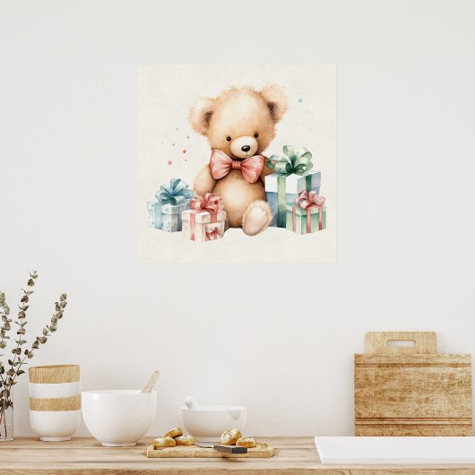 Schattigee teddybeer met kerstcadeaus poster (Keuken)