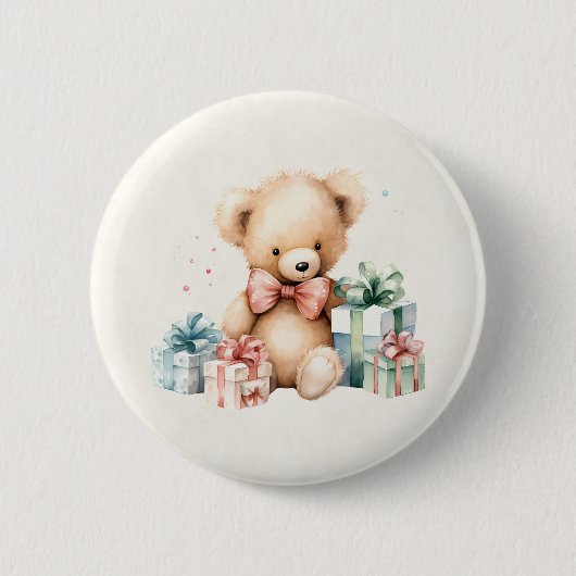 Schattigee teddybeer met kerstcadeaus ronde button 5,7 cm (Voorkant)