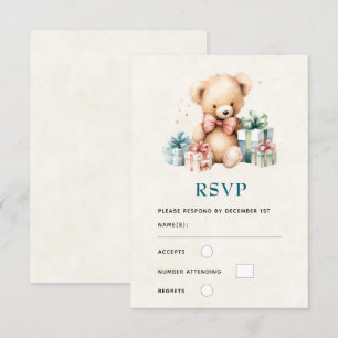 Schattigee teddybeer met kerstcadeaus RSVP kaartje