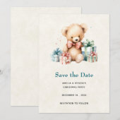Schattigee teddybeer met kerstcadeaus save the date (Voorkant / Achterkant)