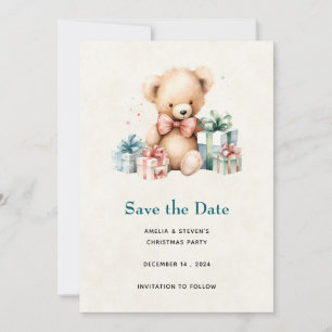 Schattigee teddybeer met kerstcadeaus save the date