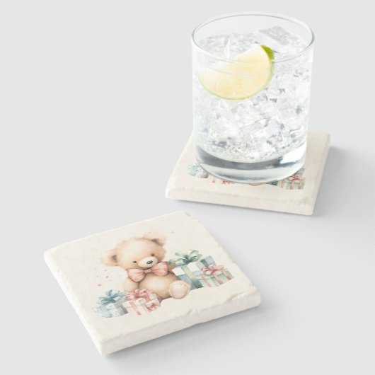 Schattigee teddybeer met kerstcadeaus stenen onderzetter (Zijkant)