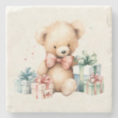 Schattigee teddybeer met kerstcadeaus stenen onderzetter (Voorkant)
