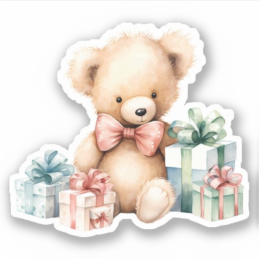 Schattigee teddybeer met kerstcadeaus sticker (Voorkant)