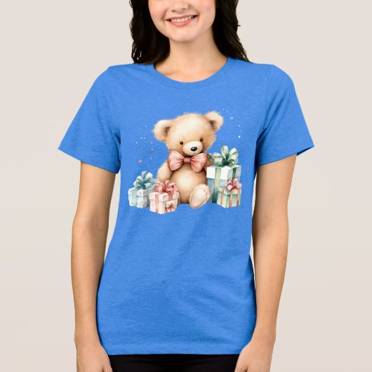 Schattigee teddybeer met kerstcadeaus Tri-Blend shirt (Voorkant)