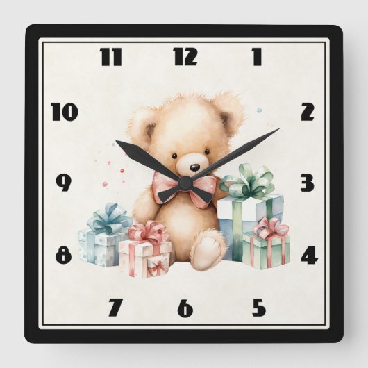 Schattigee teddybeer met kerstcadeaus vierkante klok (Voorkant)