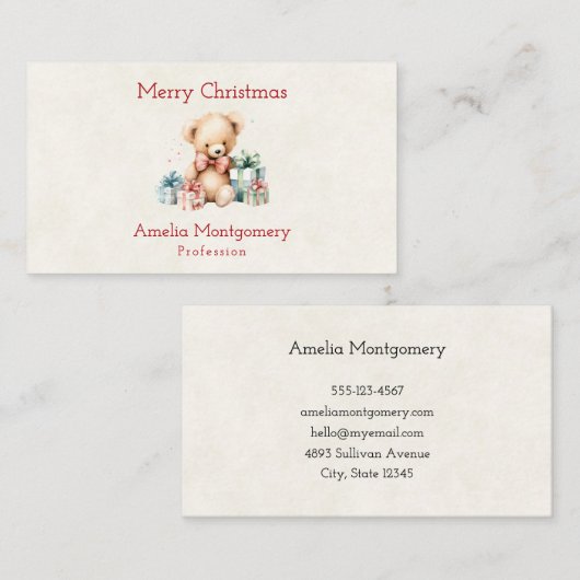 Schattigee teddybeer met kerstcadeaus visitekaartje (Voorkant / Achterkant)