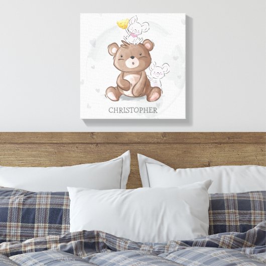 Schattigee teddybeer met mouses jongen kwekerij canvas afdruk (Insitu (Slaapkamer))
