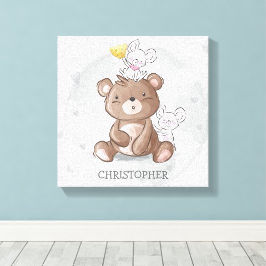 Schattigee teddybeer met mouses jongen kwekerij canvas afdruk (Insitu (Houten vloer))