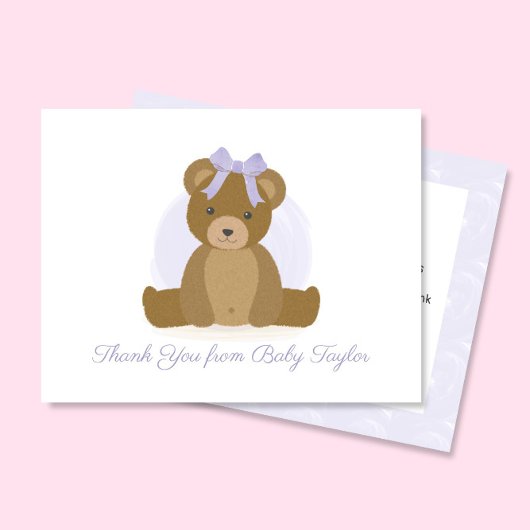 Schattigee teddybeer met Paarse strik Baby Girl Sh Bedankkaart