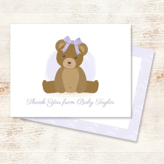Schattigee teddybeer met Paarse strik Baby Girl Sh Bedankkaart