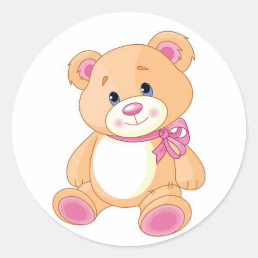 Schattigee Teddybeer met roze lint Ronde Sticker (Voorkant)