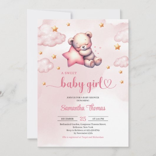 Schattigee teddybeer met sterren meisje baby showe kaart (Voorkant)