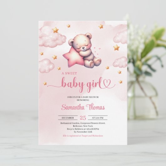 Schattigee teddybeer met sterren meisje baby showe kaart (Staand voorkant)